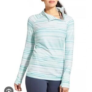Athleta Women's aqua, purple, and white striped quarter zip pullover, size med.